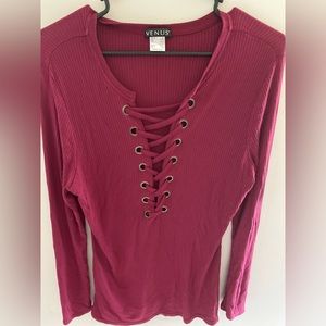 New W/O tags long sleeve ribbed shirt lace down front. Fuchsia